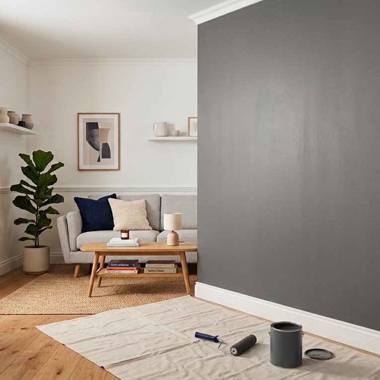 Freshly painted gray interior wall and living room