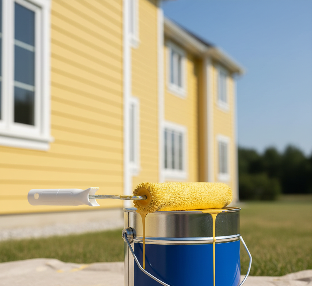 Yellow paint roller and paint can outside a yellow house